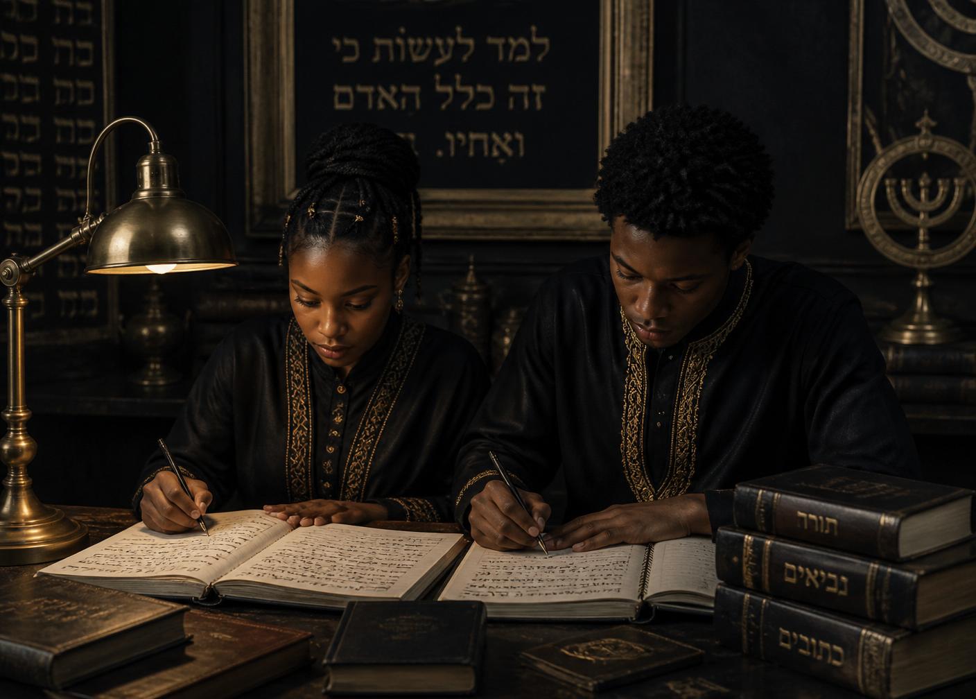 Students studying Hebrew by lamplight