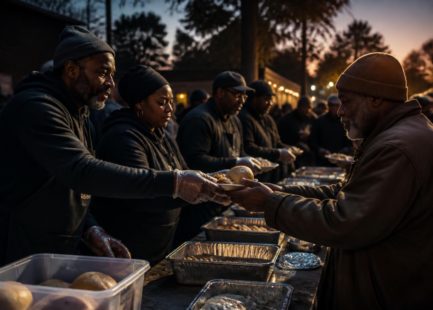 Community members serving meals at dusk