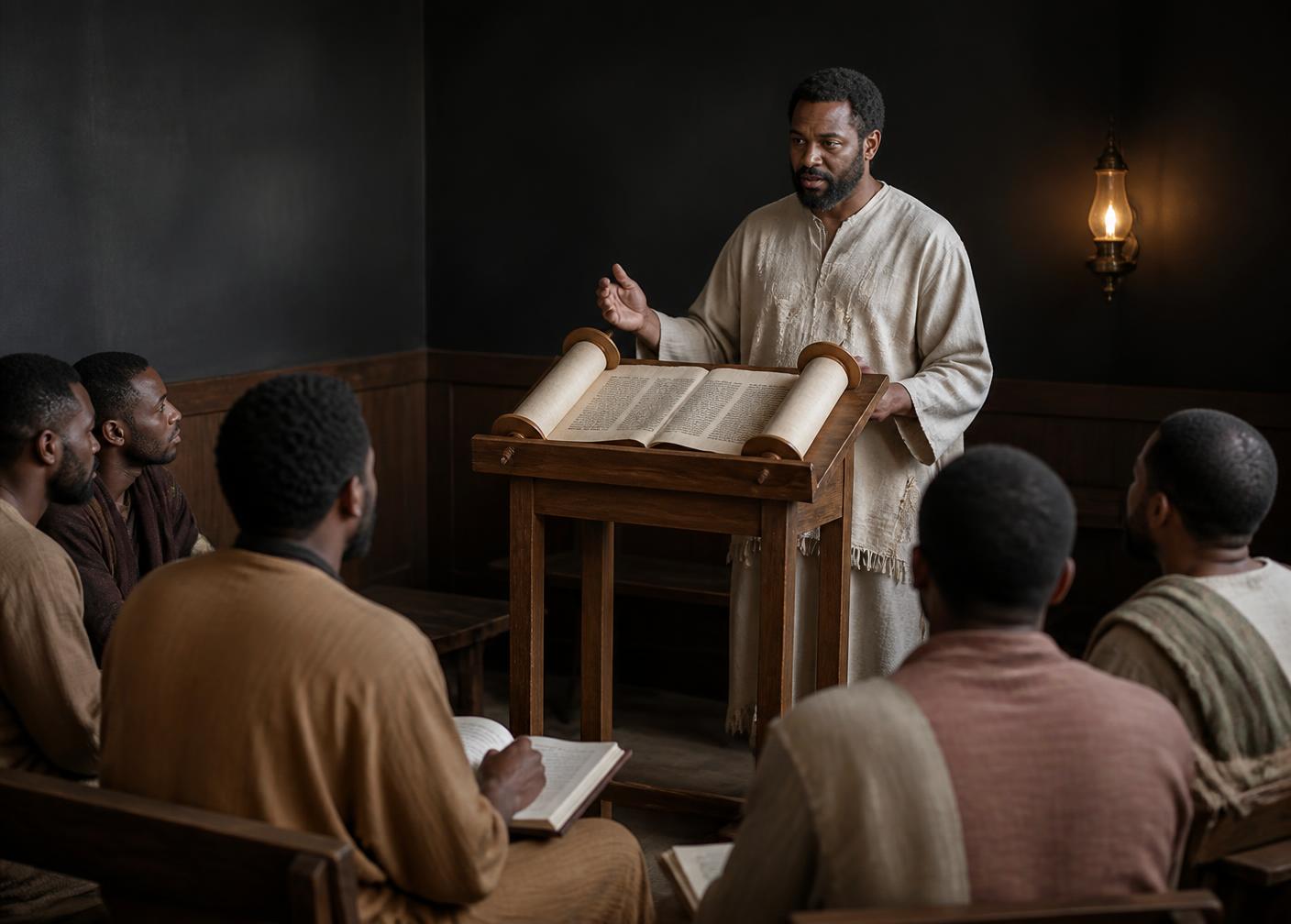 A teacher of the Assembly presenting from an open scroll
